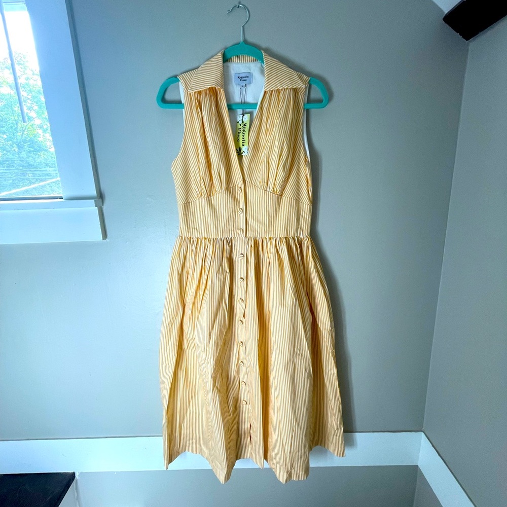 Magnolia Place vintage style yellow and white striped swing dress with pockets
